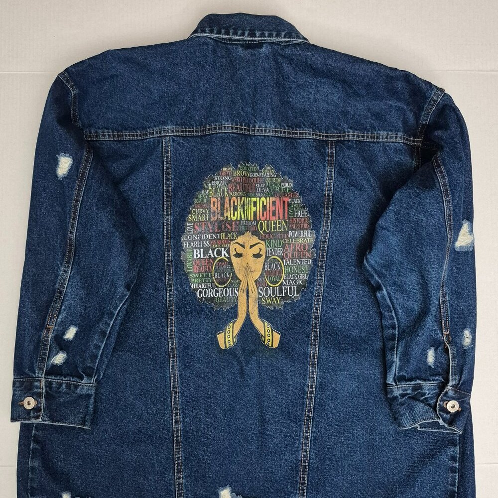New Look Women's Distressed Oversized Denim Printed Jacket Size 1X Cotton